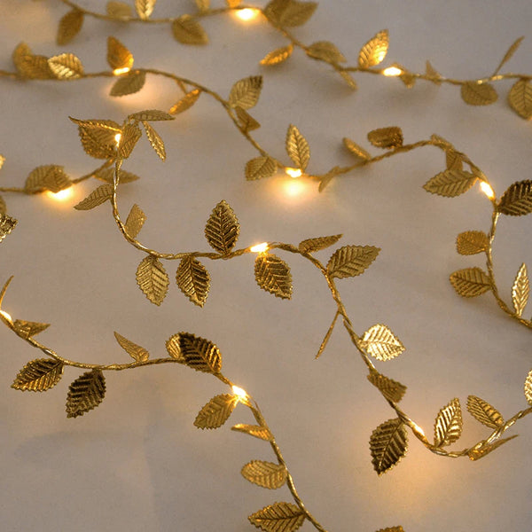 2M 20LED Golden Leaves String Fairy Lights For Wedding Birthday Party Decoration Home Garden Artificial Plant Garland Vine Light