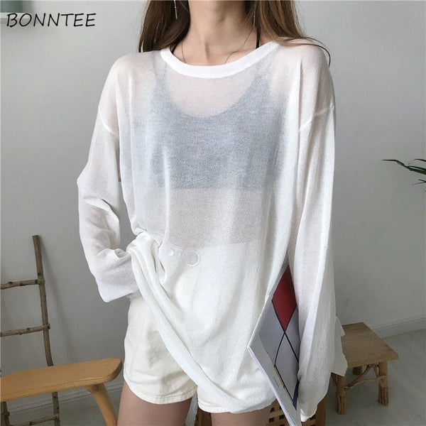 T-shirts transparents femmes ample Style coréen été résistant au soleil décontracté Simple tout-match mince paresseux mode Ulzzang tempérament classique