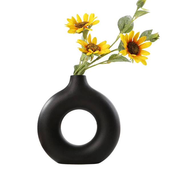 Vase nordique circulaire creux en céramique, Pot de fleur à donuts, accessoires de décoration pour la maison, le salon, l'intérieur et le bureau, cadeau