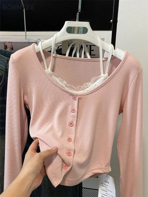 Rose T-shirts Femmes Mince Doux Collège Mode Coréenne Printemps Doux Loisirs Recadrée Épissé Conçu 2023 Nouveauté Quotidien Décontracté