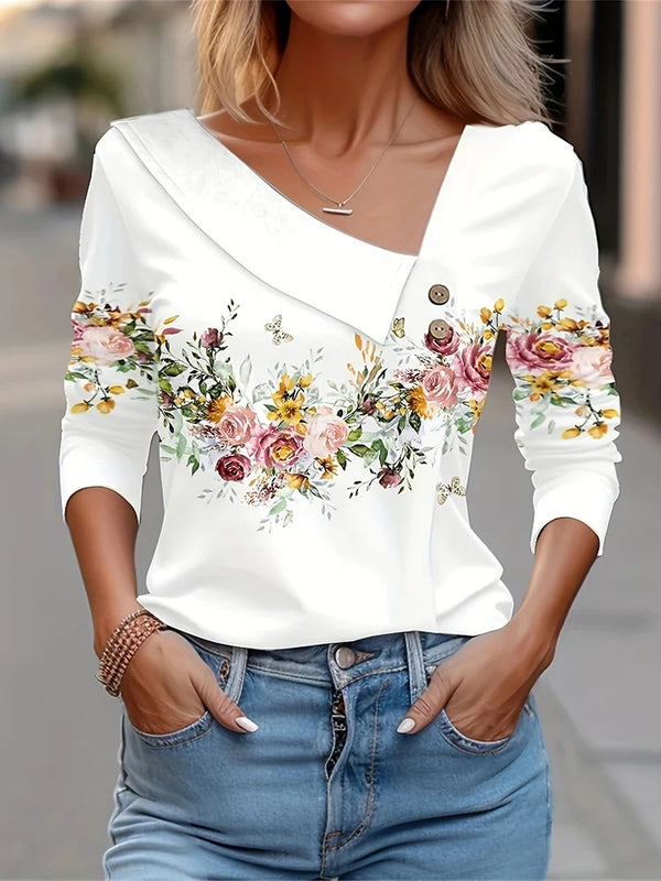 T-shirt à manches longues pour femmes, haut à la mode, imprimé Floral blanc, chemises et chemisiers, vêtements d'automne et d'hiver pour femmes, 2024